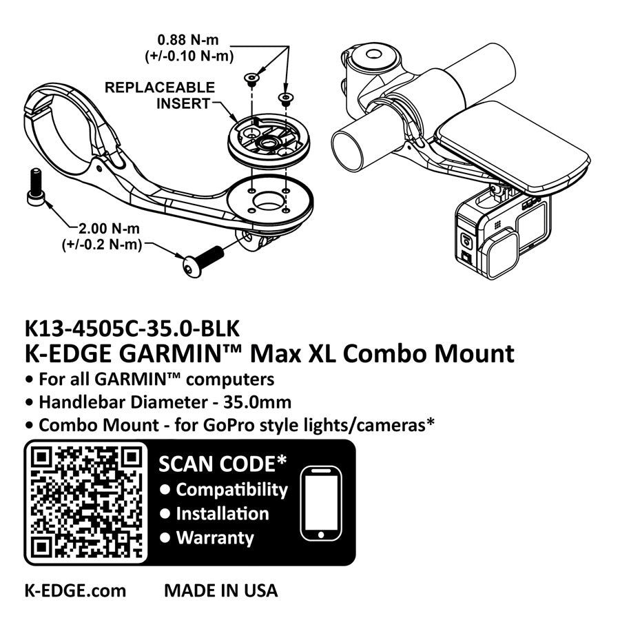 K-EDGE Garmin MAX XL Combo Mount - 35.0mm, Black Anodize - Computer Mount Kit/Adapter - Garmin Max XL Combo Mount