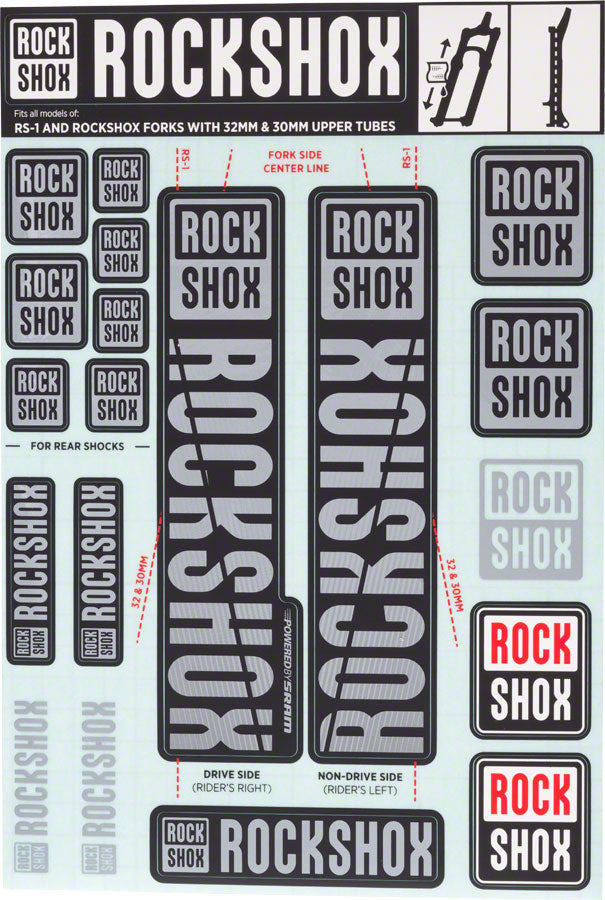 RockShox Fork Decal Kit - 30/32mm/RS1, Gray MPN: 11.4318.003.504 UPC: 710845803826 Sticker/Decal Fork Decal Kits