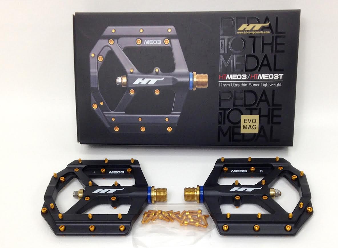 HT Components ME03T Platform Pedals with Titanium 9/16 Spindle Black Gold Pins - Pedals - ME03T Pedals