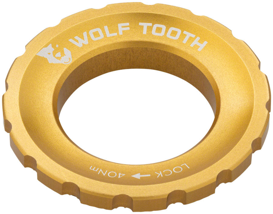 Wolf Tooth CenterLock Rotor Lockring - External Splined, Gold MPN: RTR-LCKRNG-GLD UPC: 810006805659 Disc Rotor Parts and Lockrings CenterLock Rotor External Splined Lockring