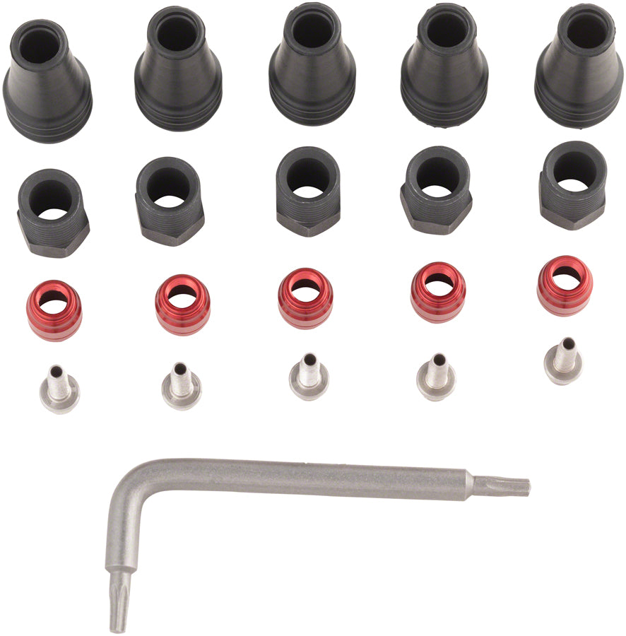 SRAM Red/Force AXS 2-Pc Disc Brake Hose Fitting Kit - 5 Threaded Hose Barbs, 5 Compression Nuts, 5 Boots, Red Comp MPN: 11.5018.061.000 UPC: 710845843419 Disc Brake Hose Parts Disc Brake Hose Fitting Kit