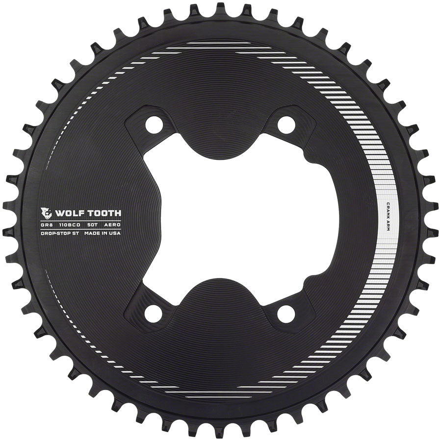 Wolf Tooth Aero 110 Asymmetric BCD Chainring - 50t, 110 Asymmetric BCD, 4-Bolt, Drop-Stop ST, For Shimano GRX Cranks,