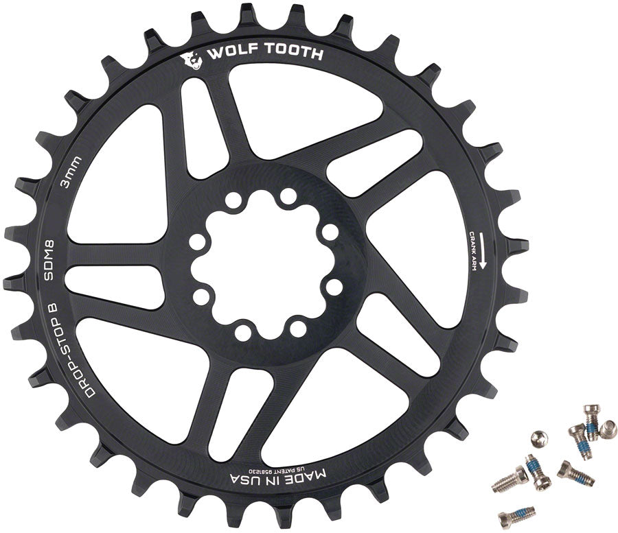 Wolf Tooth Direct Mount Chainring - 36t, SRAM Direct Mount, Drop-Stop B, For SRAM 8-Bolt Cranksets, 3mm Offset, Black