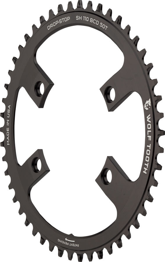 Wolf Tooth Shimano 110 Asymmetric BCD Chainring - 50t, 110 Asymmetric BCD, 4-Bolt, Drop-Stop, For Shimano Cranks, Black
