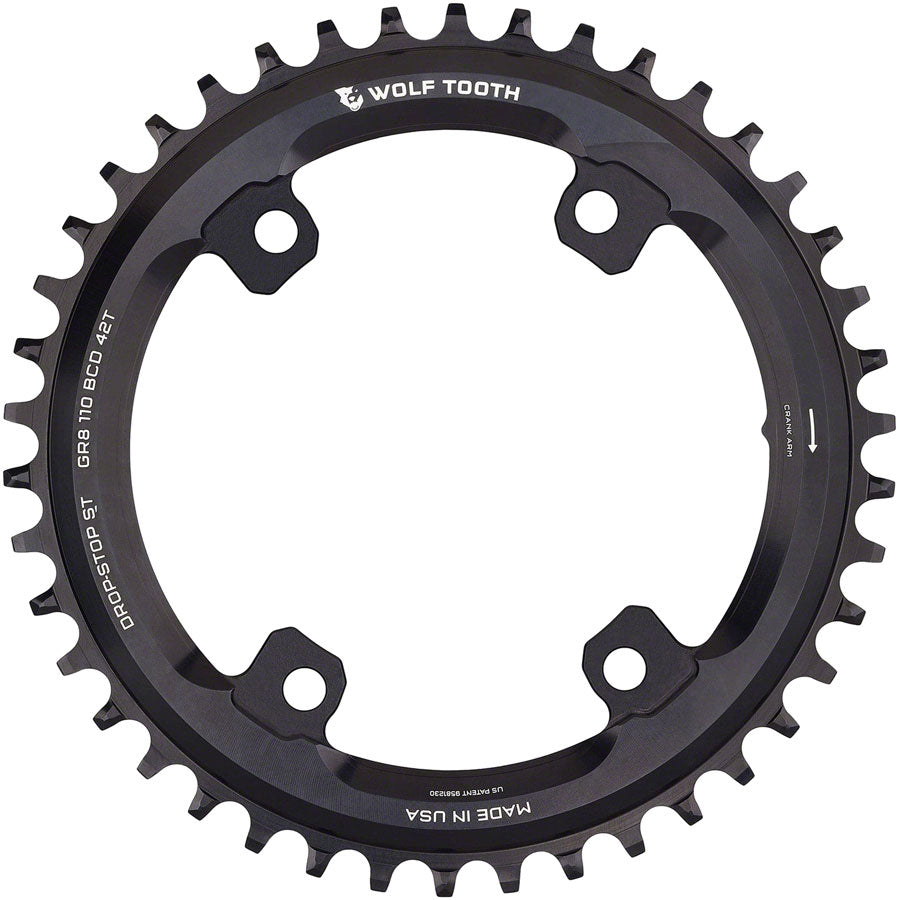 Wolf Tooth Shimano 110 Asymmetric BCD Chainring - 42t, 110 Asymmetric BCD, 4-Bolt, Drop-Stop ST, For Shimano GRX Cranks,