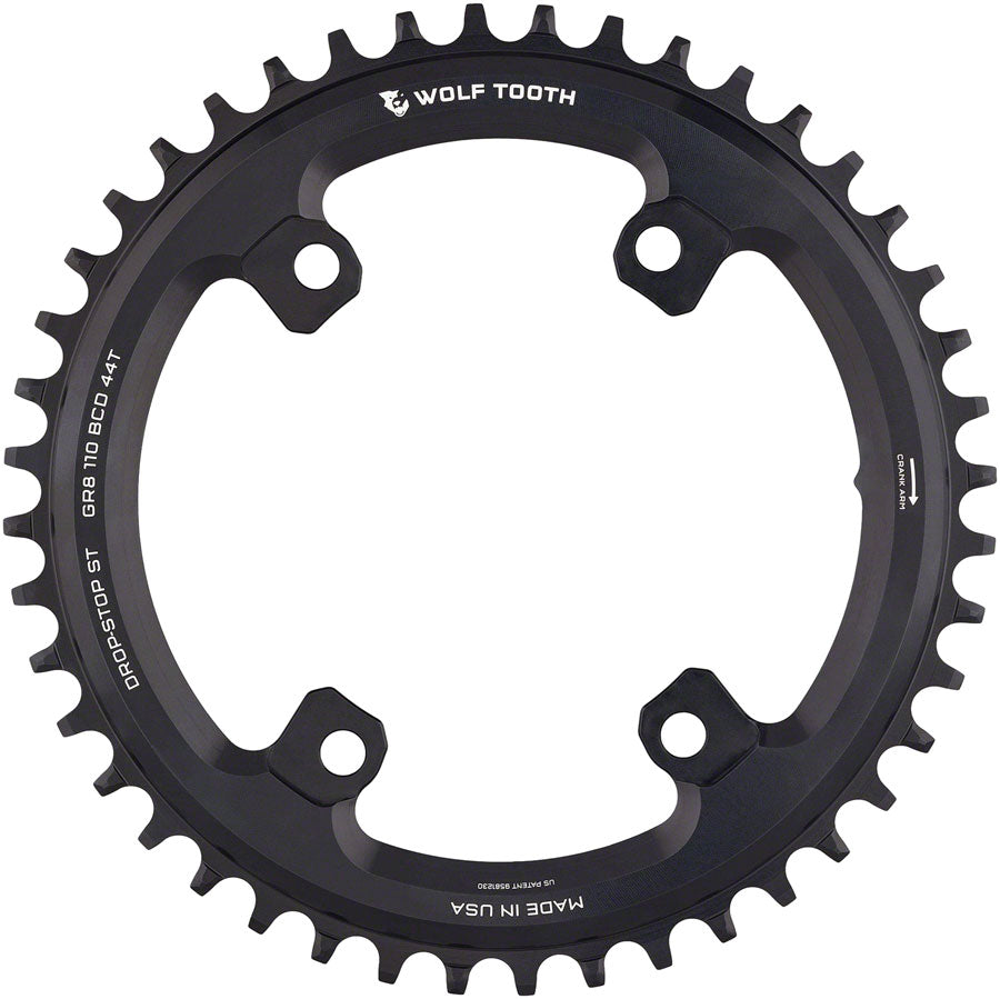 Wolf Tooth Shimano 110 Asymmetric BCD Chainring - 44t, 110 Asymmetric BCD, 4-Bolt, Drop-Stop ST, For Shimano GRX Cranks,