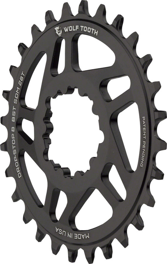 Wolf Tooth Direct Mount Chainring - 28t, SRAM Direct Mount, Drop-Stop B, For SRAM 3-Bolt Boost Cranks, 3mm Offset, Black