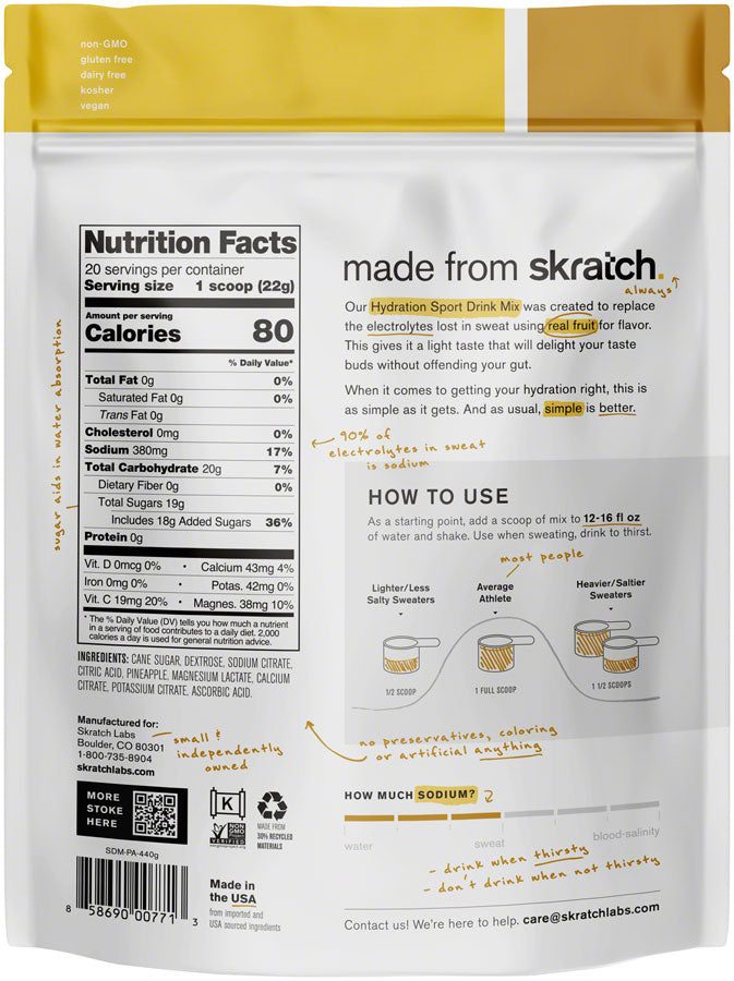 Skratch Labs Hydration Sport Drink Mix - Pineapple, 20-Serving Resealable Pouch - Sport Hydration - Hydration Sport Drink Mix