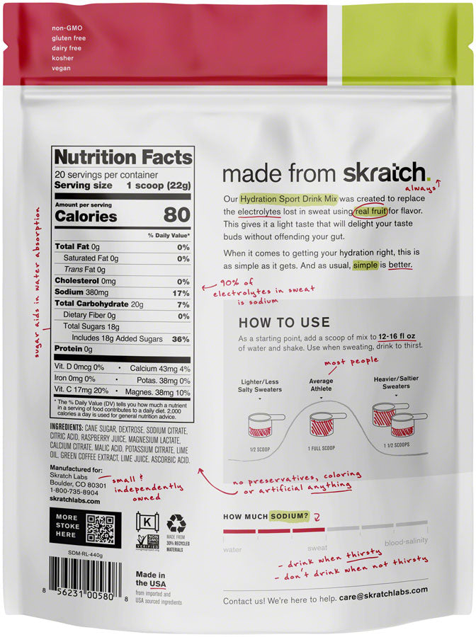 Skratch Labs Hydration Sport Drink Mix - Raspberry Limeade, With Caffiene, 20-Serving Resealable Pouch - Sport Hydration - Hydration Sport Drink Mix