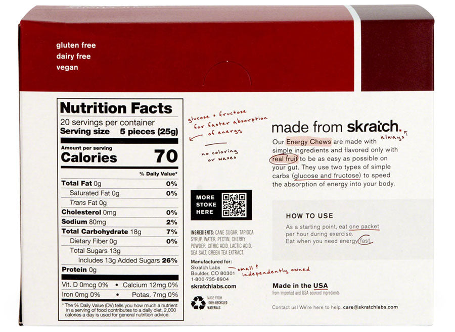 Skratch Labs Sport Energy Chews - Caffeinated Sour Cherry, Box of 10 - Chew - Energy Chews Sport Fuel