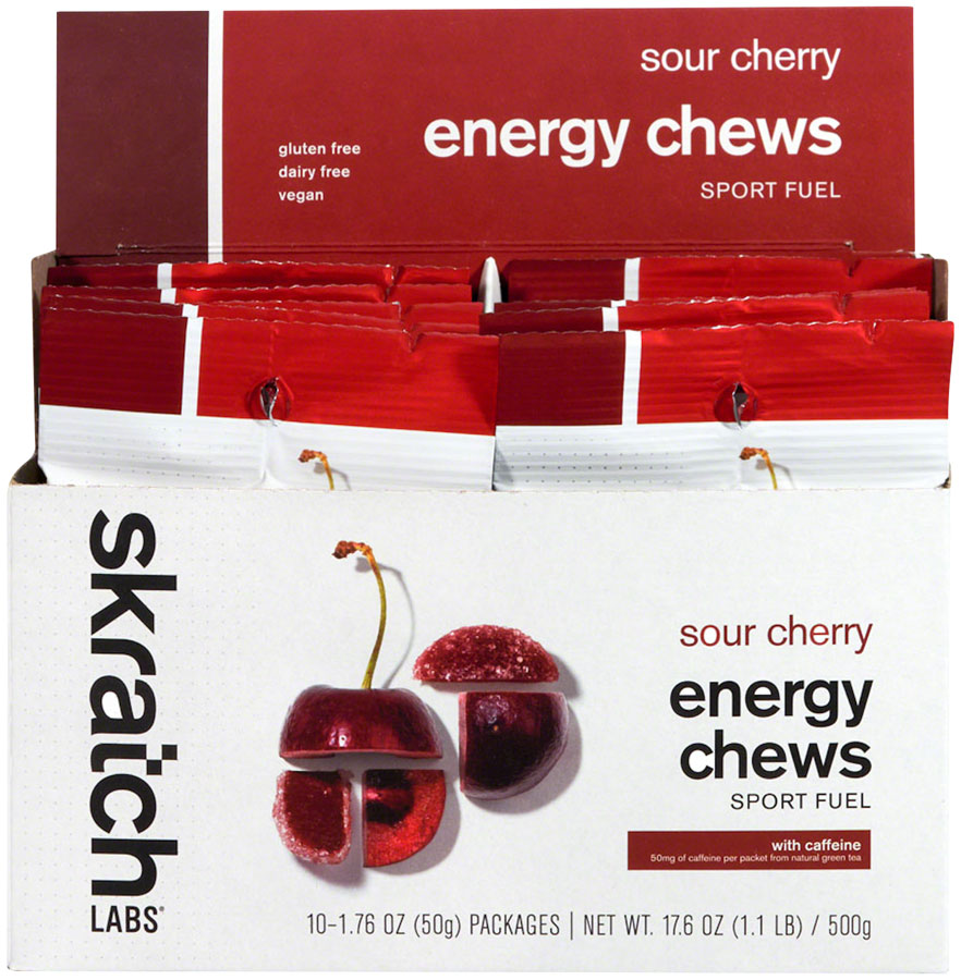 Skratch Labs Energy Chews Sport Fuel - Caffeinated Sour Cherry, Box of 10 MPN: ECS-SC-50G/10 UPC: 858690007751 Chew Energy Chews Sport Fuel