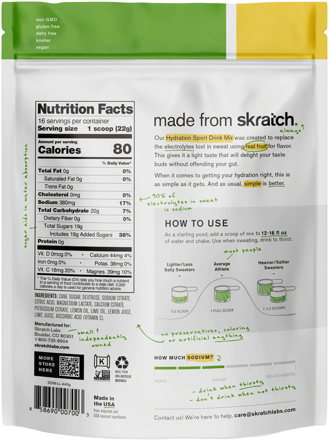 Skratch Labs Hydration Sport Drink Mix - Lemon + Lime, 20-Serving Resealable Pouch - Sport Hydration - Hydration Sport Drink Mix