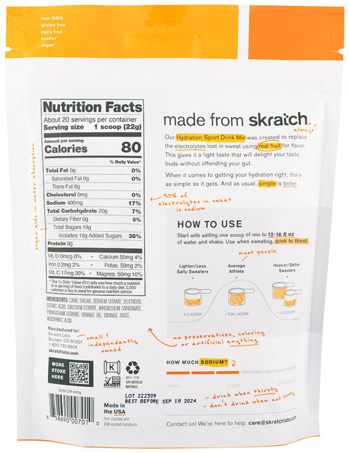 Skratch Labs Hydration Sport Drink Mix - Orange, 20-Serving Resealable Pouch - Sport Hydration - Hydration Sport Drink Mix