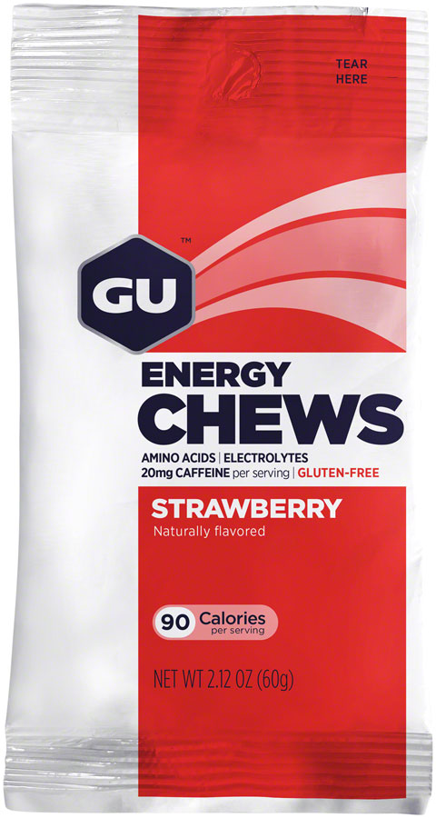GU Energy Chews - Strawberry, Box of 12 Bags MPN: 124852 UPC: 769493104397 Chew Energy Chews