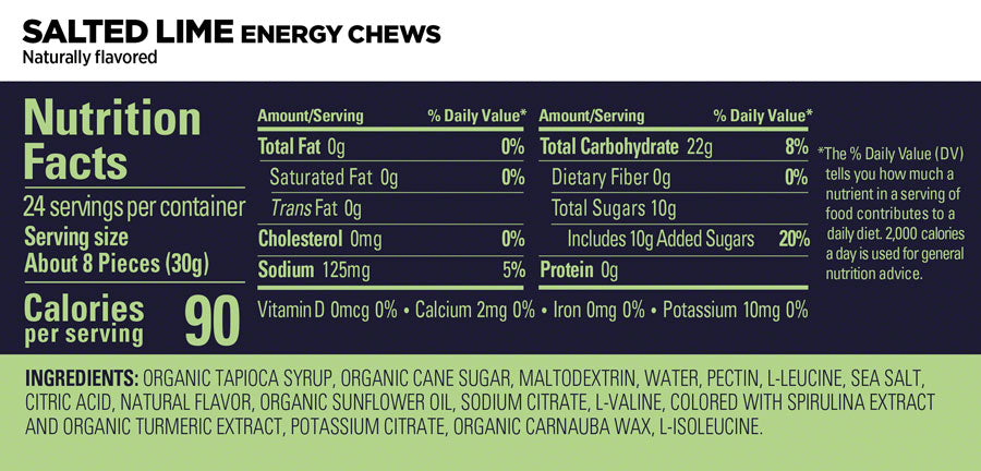 GU Energy Chews - Salted Lime, Box of 12 Bags MPN: 124860 UPC: 769493104434 Chew Energy Chews