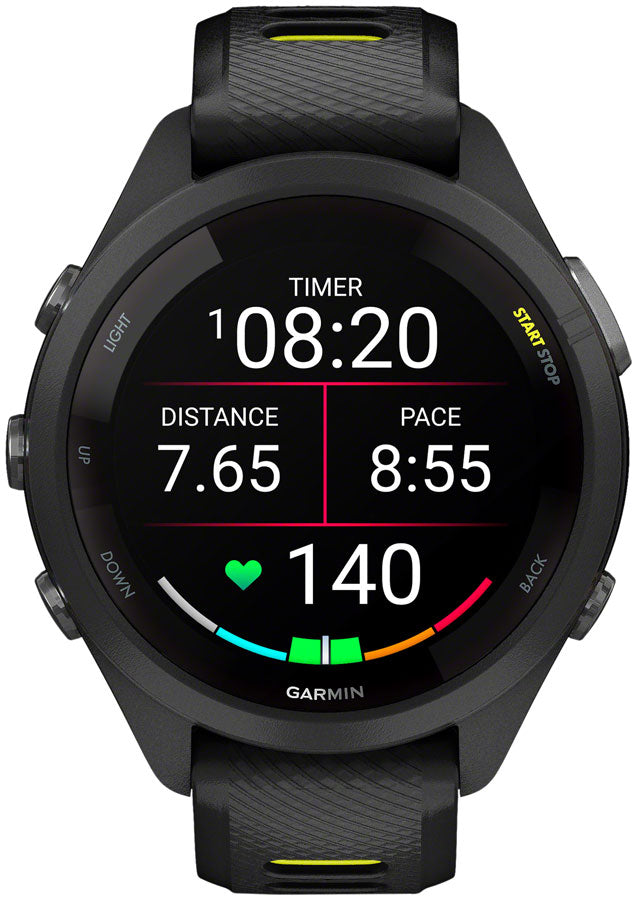 Garmin Forerunner 265S GPS Smartwatch - 42mm, Black Bezel and Case, Black/Amp Yellow Silicone Band Garmin Forerunner 265S GPS Smartwatch - 42mm, Black Bezel and Case, Black/Amp Yellow Silicone Band