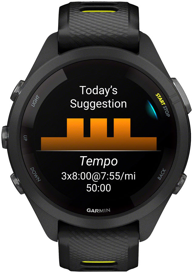Garmin Forerunner 265S GPS Smartwatch - 42mm, Black Bezel and Case, Black/Amp Yellow Silicone Band Garmin Forerunner 265S GPS Smartwatch - 42mm, Black Bezel and Case, Black/Amp Yellow Silicone Band