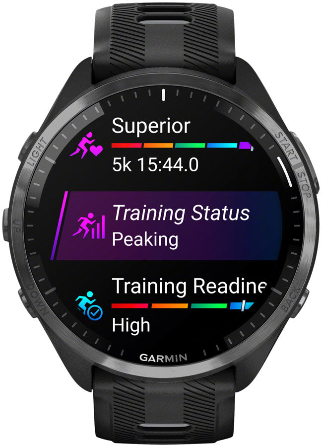 Garmin Forerunner 965 GPS Smartwatch - 47mm, Carbon Gray DLC Titanium Bezel, Black Case and Black/Powder Gray Silicone Garmin Forerunner 965 GPS Smartwatch - 47mm, Carbon Gray DLC Titanium Bezel, Black Case and Black/Powder Gray Silicone