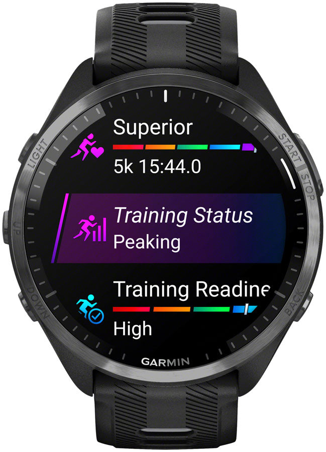 Garmin Forerunner 965 GPS Smartwatch - 47mm, Carbon Gray DLC Titanium Bezel, Black Case and Black/Powder Gray Silicone - Fitness Computers - Forerunner 965 GPS Smartwatch