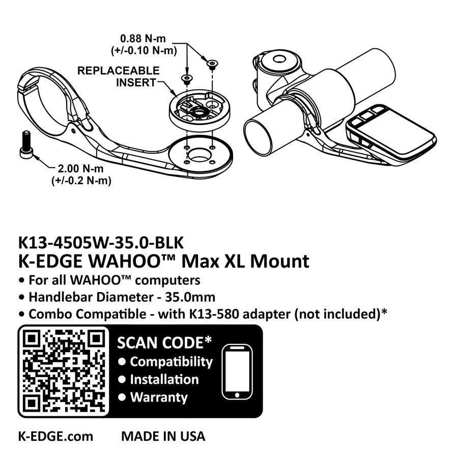 K-EDGE Wahoo MAX XL Computer Mount - 35.0mm, Black Anodize - Computer Mount Kit/Adapter - Wahoo Max XL Mount