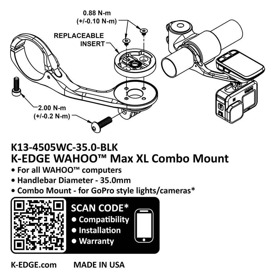 K-EDGE Wahoo MAX XL Combo Mount - 35.0mm, Black Anodize - Computer Mount Kit/Adapter - Wahoo Max XL Combo Mount