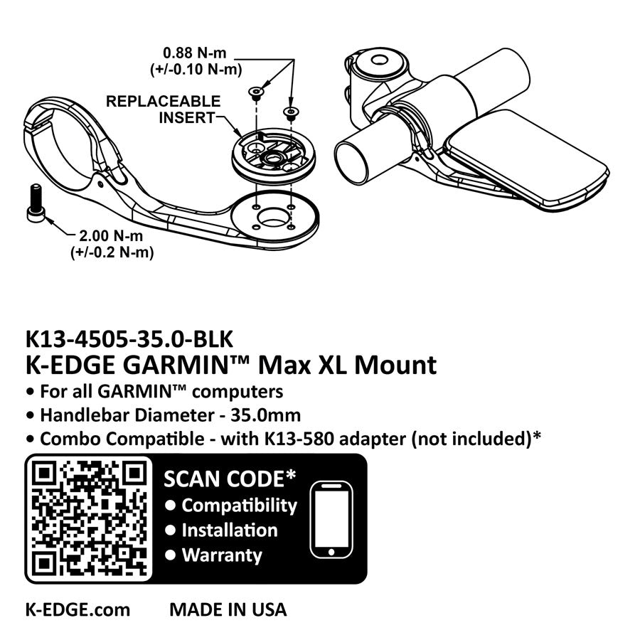 K-EDGE Garmin MAX XL Computer Mount - 35.0mm, Black Anodize MPN: K13-4505-35.0-BLK UPC: 850027128542 Computer Mount Kit/Adapter Garmin Max XL Mount