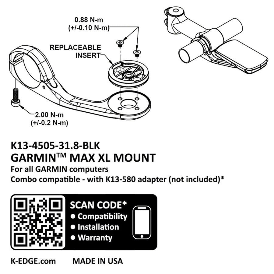 K-EDGE Garmin Max XL Mount - 31.8, Black - Computer Mount Kit/Adapter - Garmin Max XL Mount
