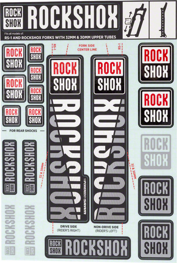 RockShox Fork Decal Kit - 30/32mm/RS1, White MPN: 11.4318.003.497 UPC: 710845803758 Other Fork Part Fork Decal Kits