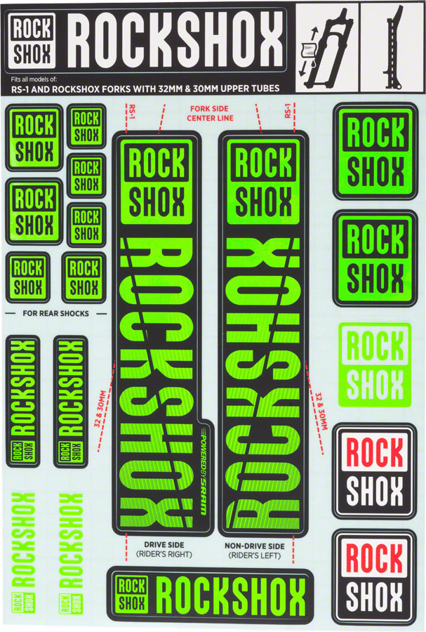 RockShox Fork Decal Kit - 30/32mm/RS1, Green MPN: 11.4318.003.501 UPC: 710845803796 Other Fork Part Fork Decal Kits
