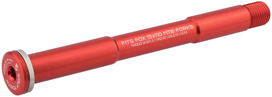 Wolf Tooth Front Thru Axle - FOX, 15 x 110mm, Red MPN: AXLE15-110-FX-RED UPC: 812719026680 Thru Axle Front Thru Axles