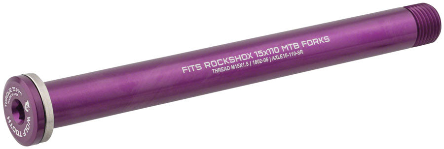 Wolf Tooth Front Thru Axle - RockShox, 15 x 110mm, Purple MPN: AXLE15-110-SR-PRP UPC: 812719029001 Thru Axle Front Thru Axles