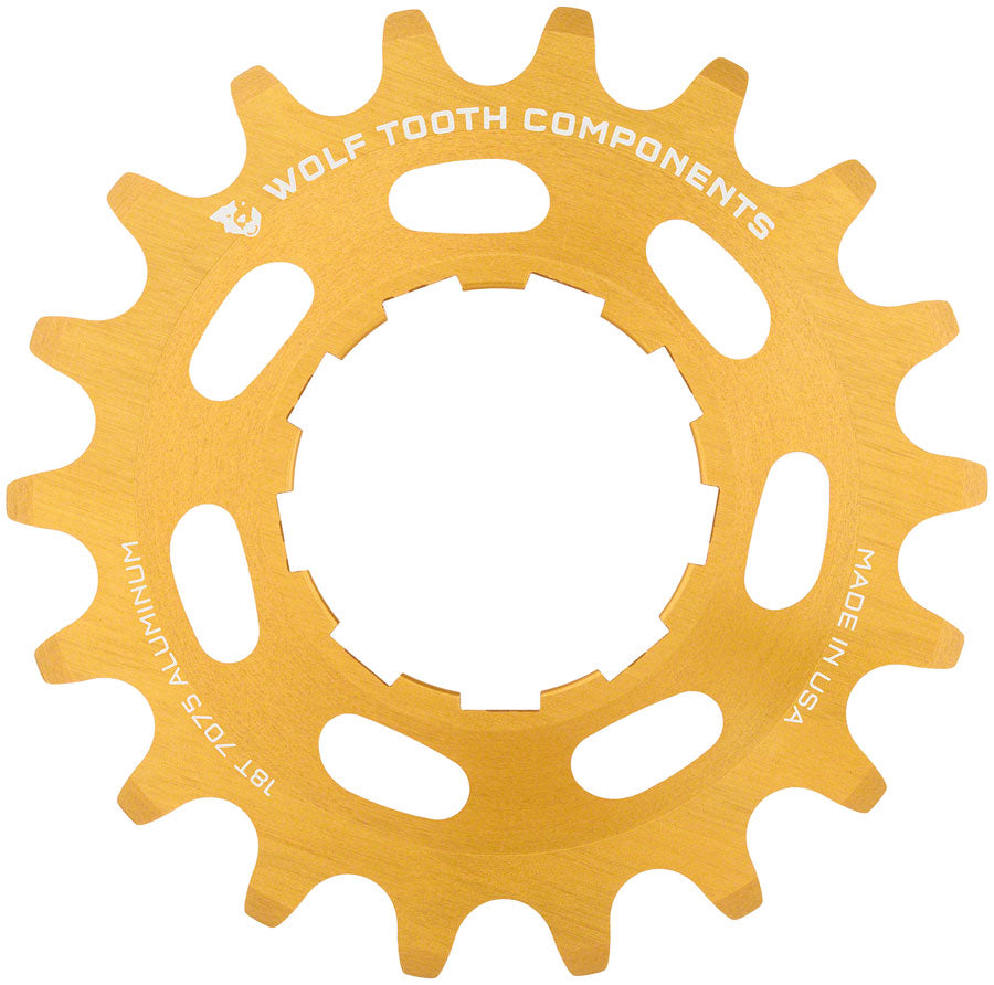Wolf Tooth Single Speed Aluminum Cog - 18t, Compatible with 3/32" Chains, Gold MPN: AL-SS-GLD-COG18 UPC: 812719020862 Driver and Single Cog Aluminum Single Speed Cog