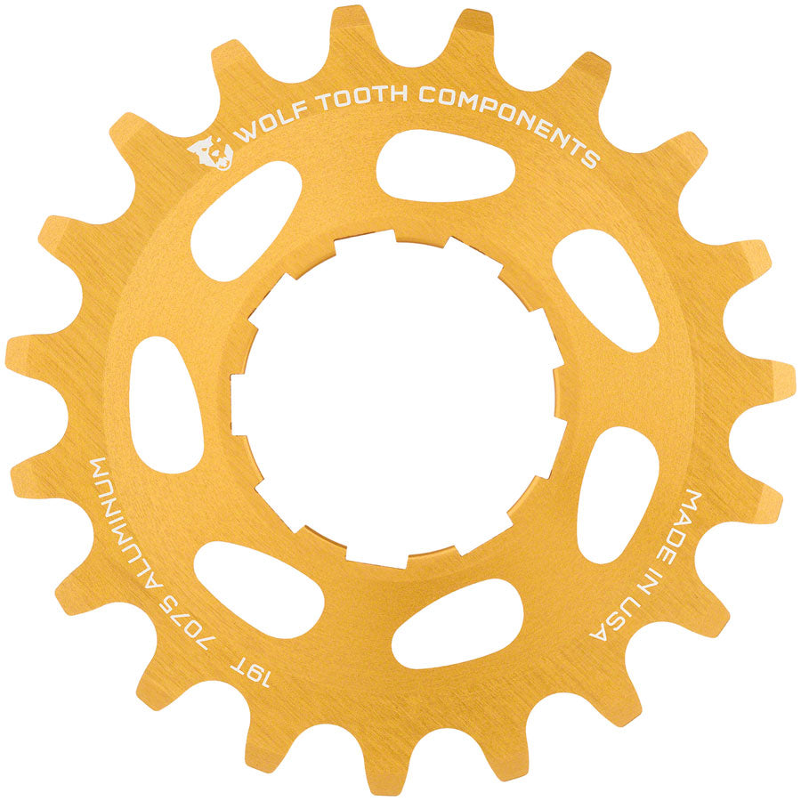 Wolf Tooth Single Speed Aluminum Cog - 19t, Compatible with 3/32" Chains, Gold MPN: AL-SS-GLD-COG19 UPC: 812719022460 Driver and Single Cog Aluminum Single Speed Cog