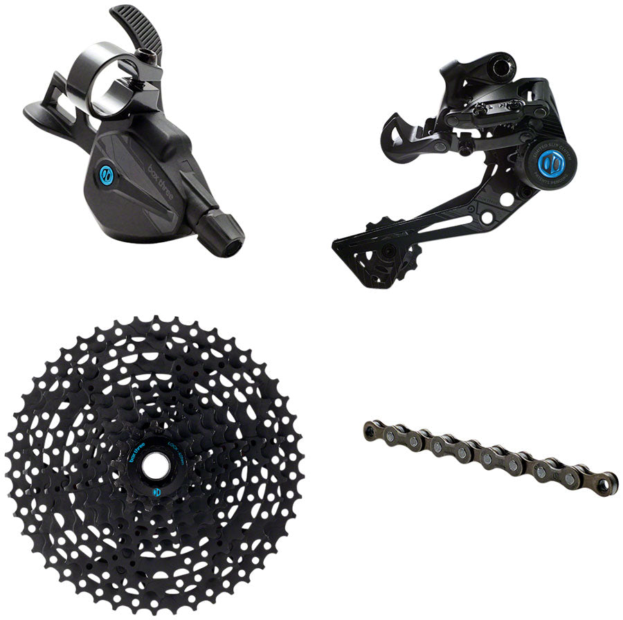 BOX Three Prime 9 Wide Multi Shift Groupset - Wide Rear Derailleur, 11-46t Cassette, Multi Shift Shifter, Prime 9 Chain MPN: BX-DT3-P9AMW-KIT UPC: 639266097471 Kit-In-A-Box Mtn Group Three Prime 9 Groupset