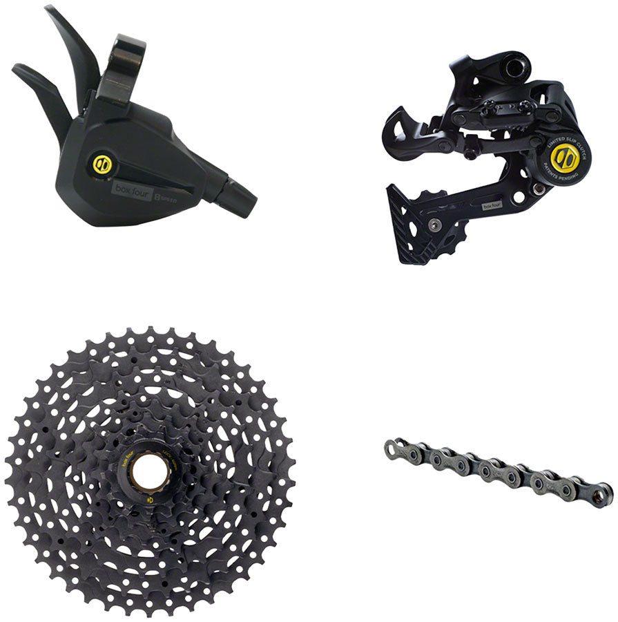 BOX Four 8-Speed Wide Single Shift eBike Groupset - Includes Wide Rear Derailleur, 11-42t Cassette, Single Shift MPN: BX-DT4-08ASW-KIT UPC: 616043832326 Kit-In-A-Box Mtn Group Four 8-Speed Groupset