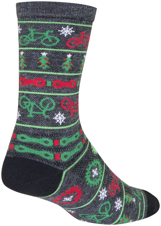 SockGuy Wool Ride Merry Crew Socks - 6", Gray/Red/Green, Small/Medium - Sock - Wool Socks