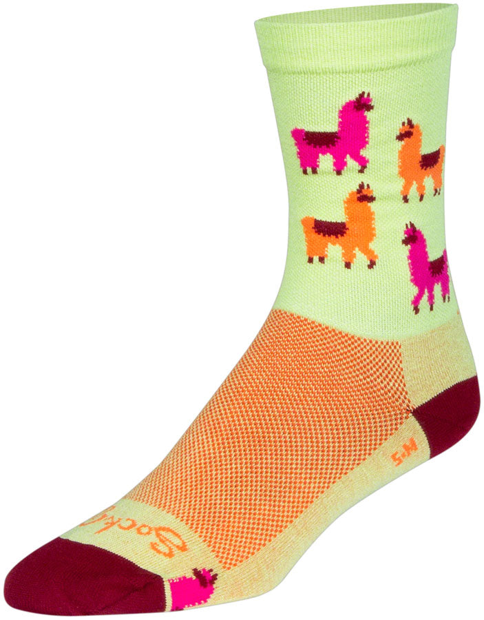 SockGuy Mo' Llamas Crew Socks - 6", Green/Pink/Orange, Large/X-Large - Sock - Crew Socks