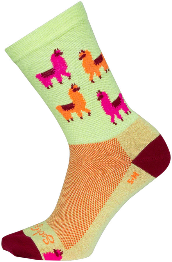 SockGuy Mo' Llamas Crew Socks - 6 inch, Green/Pink/Orange, Large/X-Large - Sock - Crew Socks