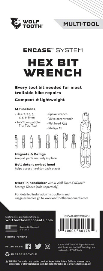 Wolf Tooth EnCase System Hex Bit Wrench Multi Tool MPN: ENCASE-HEX-WRENCH UPC: 810006801781 Bike Multi-Tool EnCase System Hex Bit Wrench