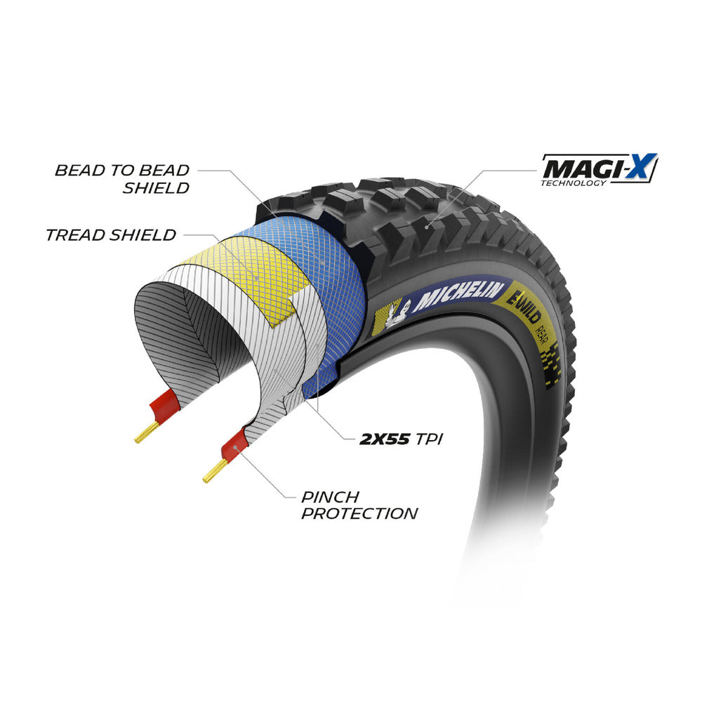 Michelin E-Wild Rear Racing Line Tire - 29 x 2.6, Tubeless, Folding, Blue & Yellow Decals MPN: 766424 UPC: 086699135803 Tires E-Wild Racing Line Tire