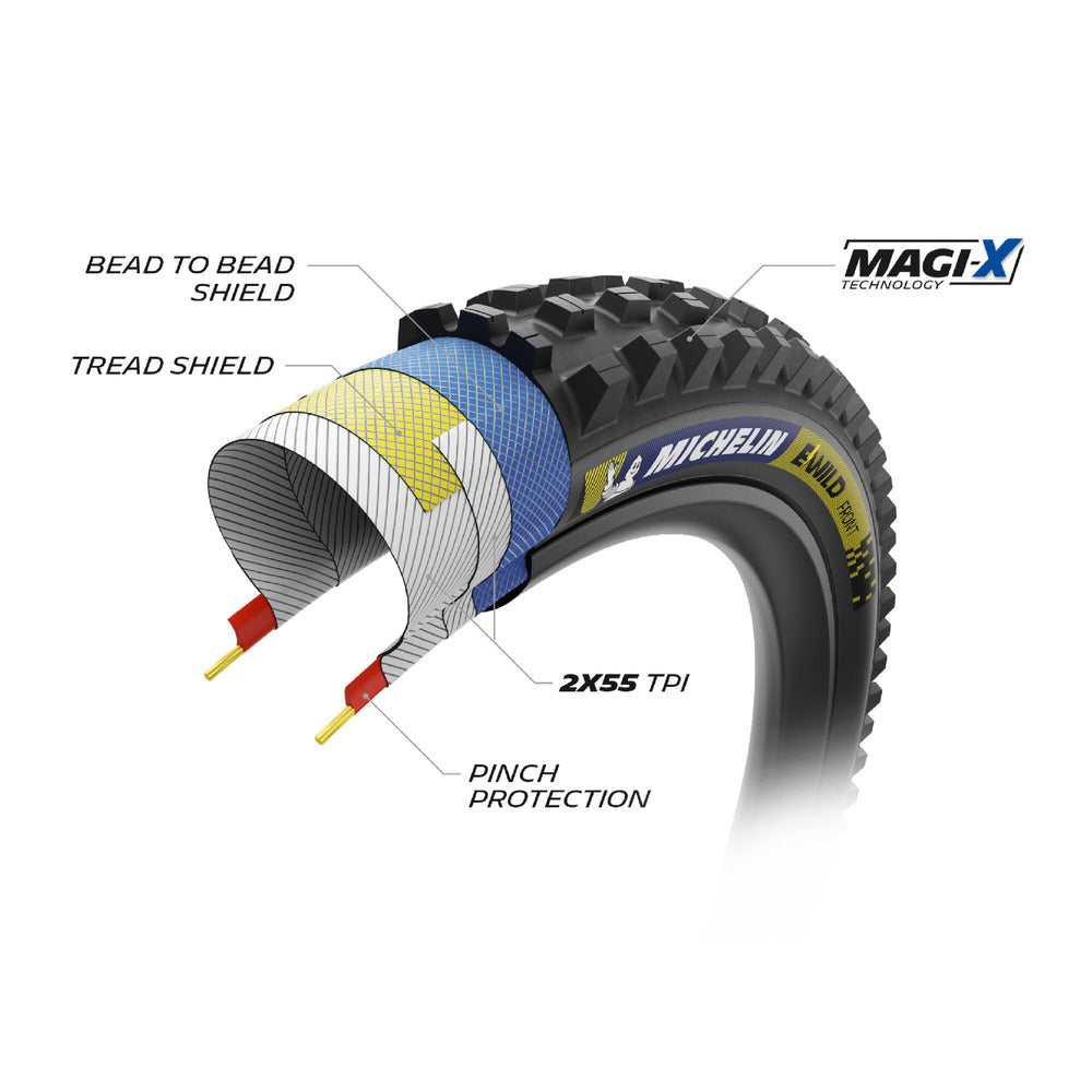 Michelin E-Wild Front Racing Line Tire - 29 x 2.6, Tubeless, Folding, Blue & Yellow Decals MPN: 101527 UPC: 086699463357 Tires E-Wild Racing Line Tire