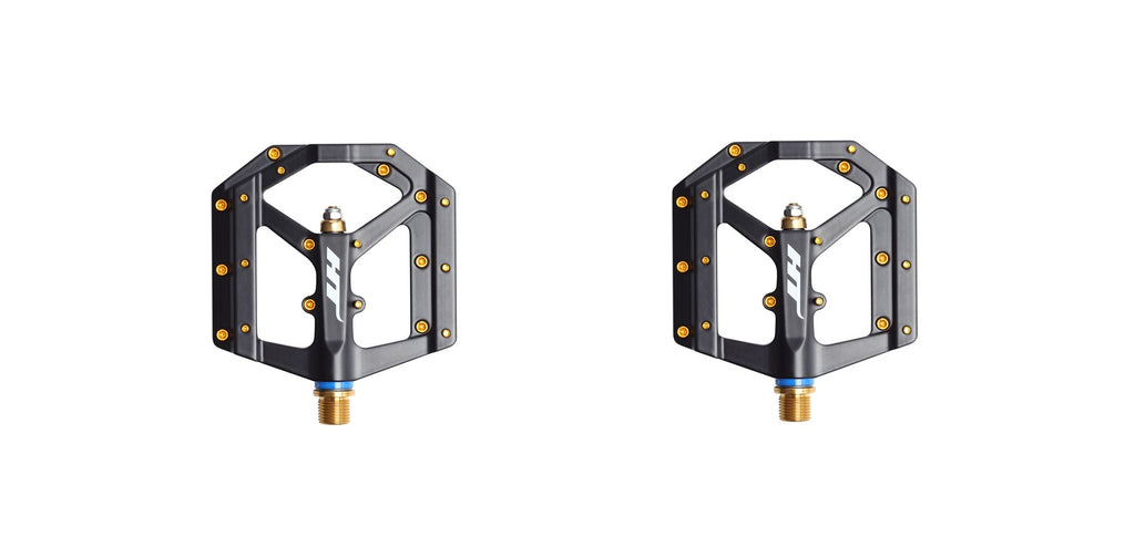 HT Components ME03T Platform Pedals with Titanium 9/16 Spindle Black Gold Pins