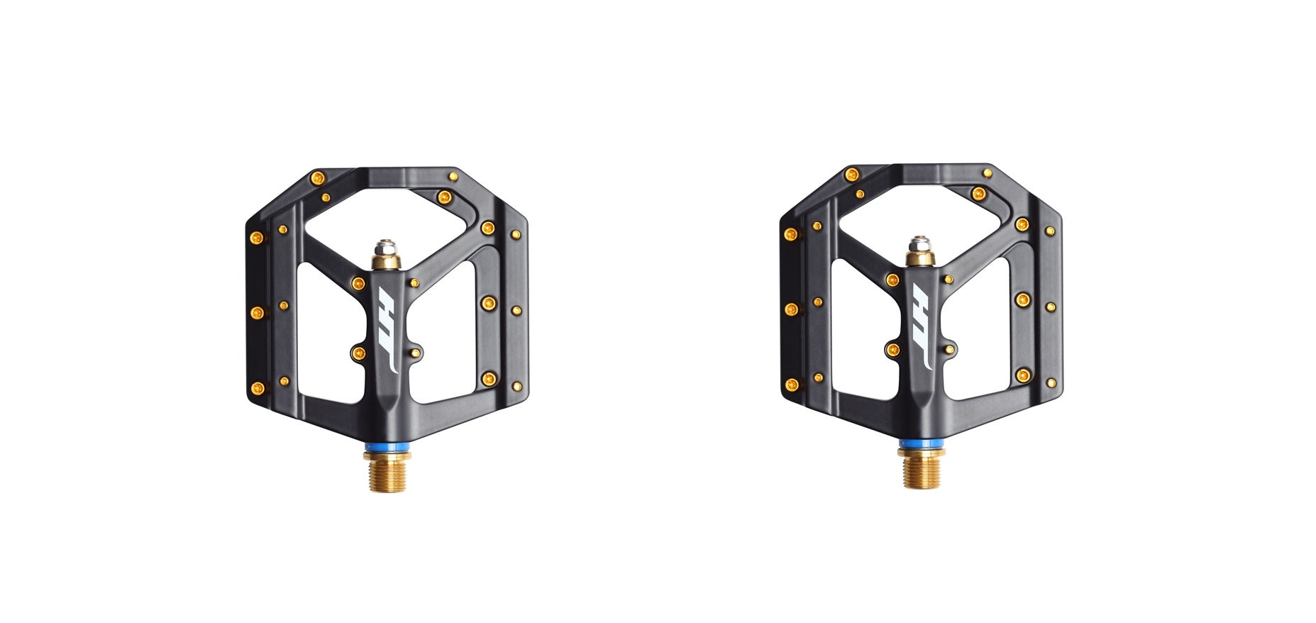 HT Components ME03T Platform Pedals with Titanium 9/16 Spindle Black Gold Pins MPN: HT-ME03 BLACK-Ti Pedals ME03T Pedals