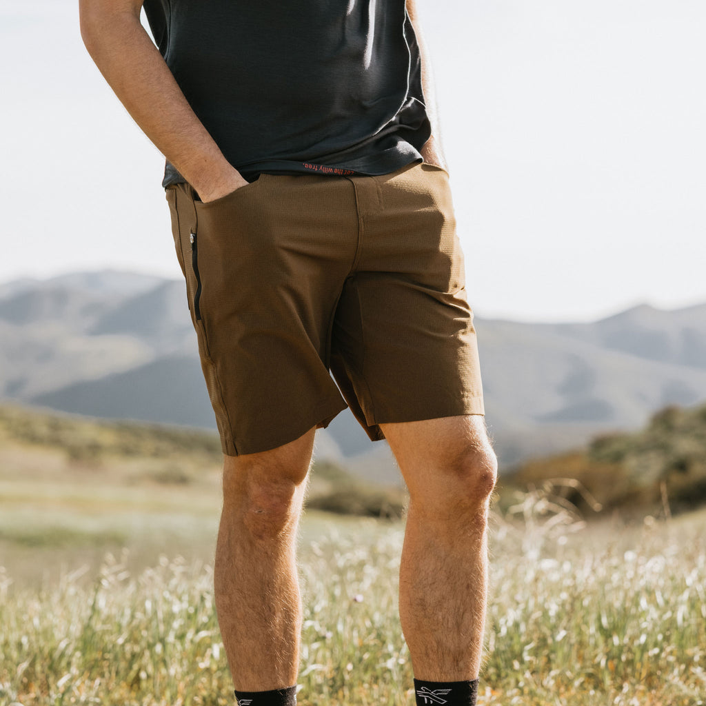 KETL Mtn Vent Lightweight Shorts 9" Inseam: Summer Hiking & Travel - Ultra-Breathable Airflow Stretch Brown Men's Short/Bib Short Vent Lightweight Shorts 9"