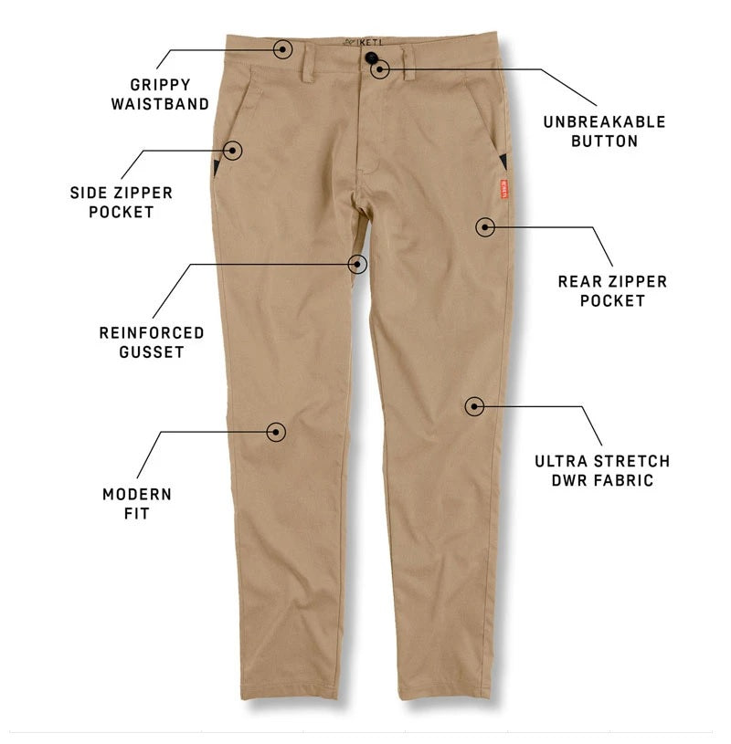 KETL Mtn Tomfoolery Travel Pants 32" Inseam: Stretchy, Packable, Casual Chino Style W/ Zipper Pockets - Khaki Men's - Casual Pants - Tomfoolery Travel Pant 32"