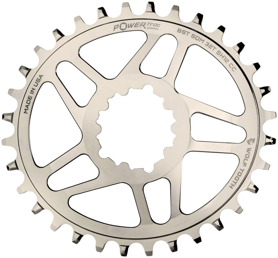 Wolf Tooth Elliptical Direct Mount Chainring - 32t, SRAM Direct Mount, For SRAM 3-Bolt Boost Cranks, Use Hyperglide+ MPN: OVAL-SDM32-BST-NI-SH12 UPC: 810006801774 Direct Mount Chainrings Elliptical 3-Bolt Direct Mount Chainring for Hyperglide+ Chain