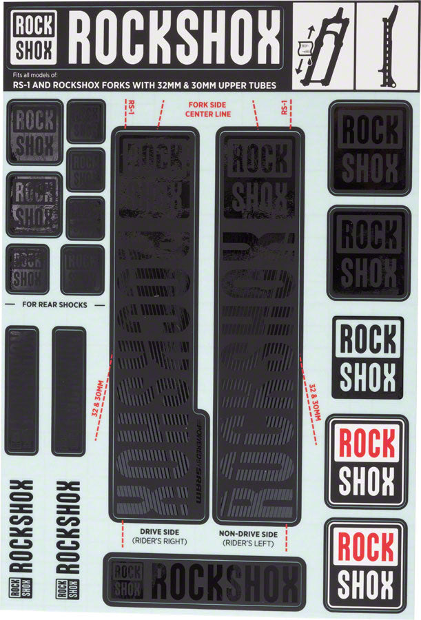 RockShox Fork Decal Kit - 30/32mm/RS1, Stealth Black MPN: 11.4318.003.496 UPC: 710845803741 Sticker/Decal Fork Decal Kits