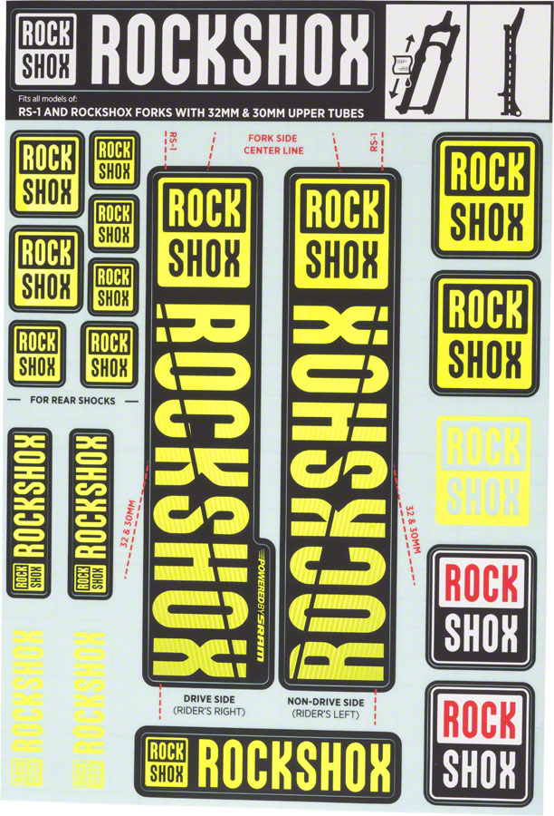 RockShox Fork Decal Kit - 30/32mm/RS1, Yellow MPN: 11.4318.003.498 UPC: 710845803765 Other Fork Part Fork Decal Kits