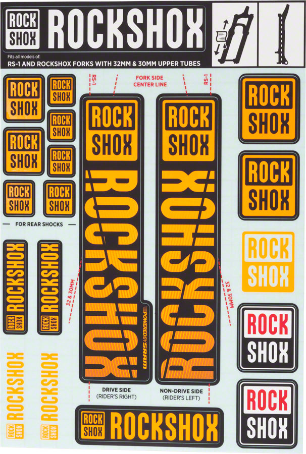 RockShox Fork Decal Kit - 30/32mm/RS1, Orange MPN: 11.4318.003.499 UPC: 710845803772 Sticker/Decal Fork Decal Kits
