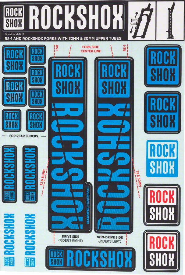 RockShox Fork Decal Kit - 30/32mm/RS1, Blue MPN: 11.4318.003.502 UPC: 710845803802 Sticker/Decal Fork Decal Kits